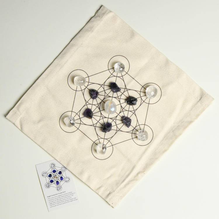 Angel Connection - Iridescent Coated Clear Quartz & Amethyst & Clear Quartz Crystal Grid Healing Set (Fabric)