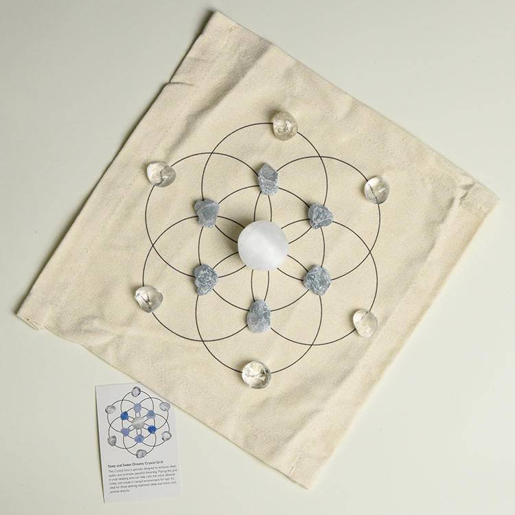 Deep Sleep & Sweet Dreams - Selenite Sphere & Lapis Lazuli & Clear Quartz Crystal Grid Healing Set (Fabric)