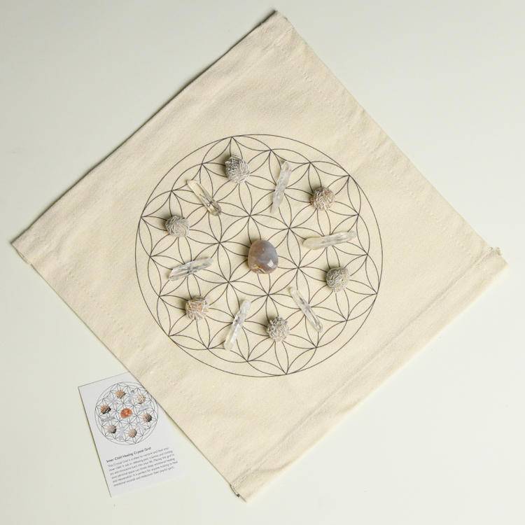 Inner Child Healing - Cherry Blossom Agate & Desert Rose & Clear Quartz Crystal Grid Set (Fabric)