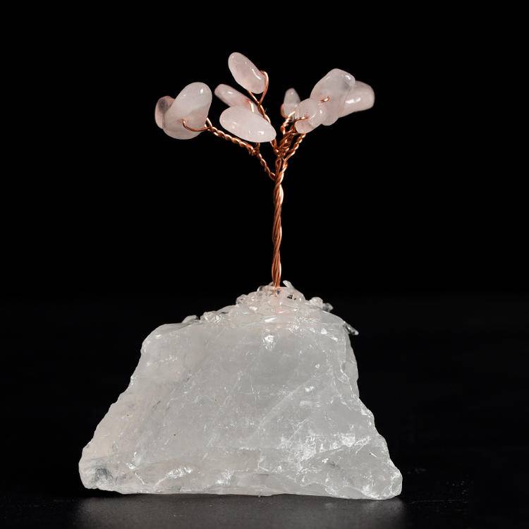 Gentle Power – Rose Quartz Crystal Tree on Clear Quartz Base