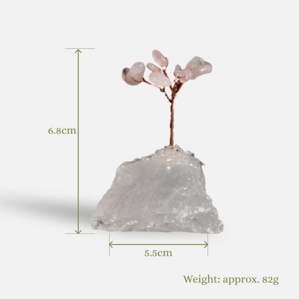 Gentle Power – Rose Quartz Crystal Tree on Clear Quartz Base