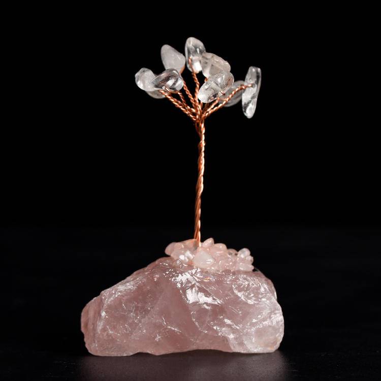 Pure Love Illuminated – Clear Quartz Crystal Tree on Rose Quartz Base